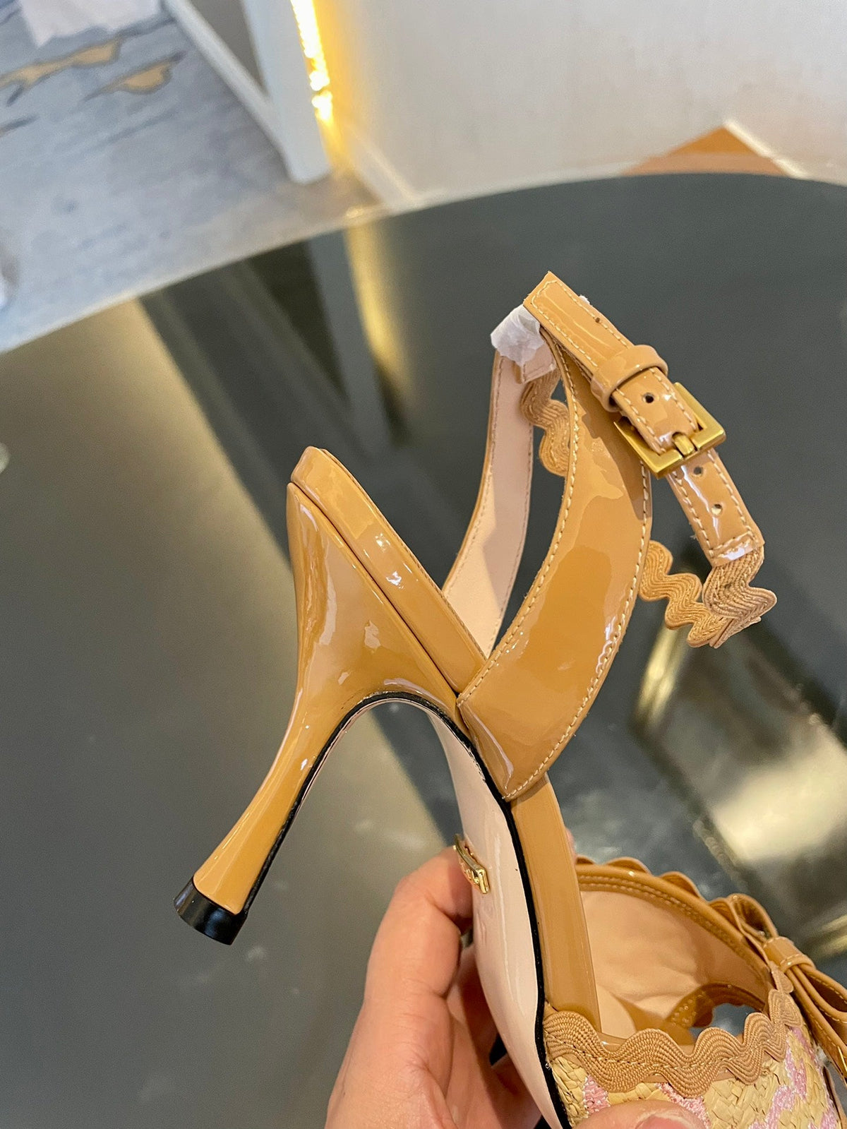GG Kertu Heel Sandals 8cm Beige Raffia Leather 695682