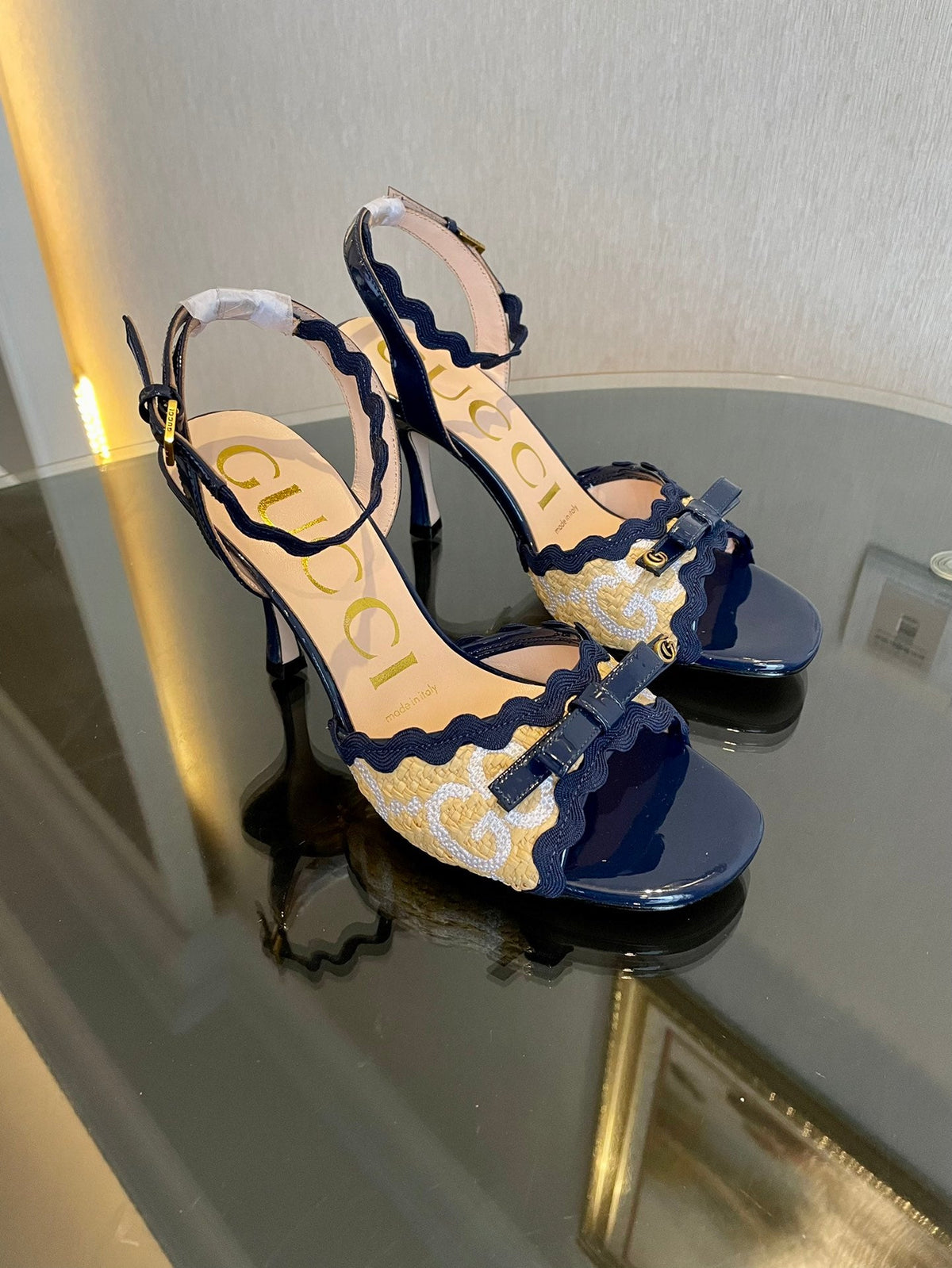 GG Kertu Heel Sandals 8cm Beige Blue Raffia Leather 695683