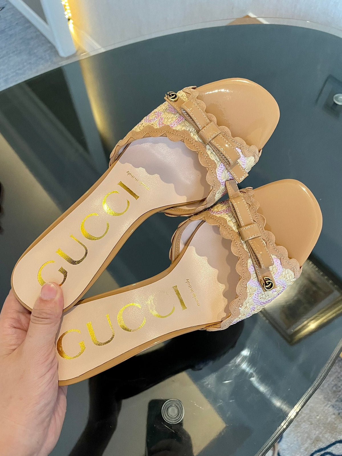 GG Kertu Sandals 6cm Beige Raffia Leather 695688