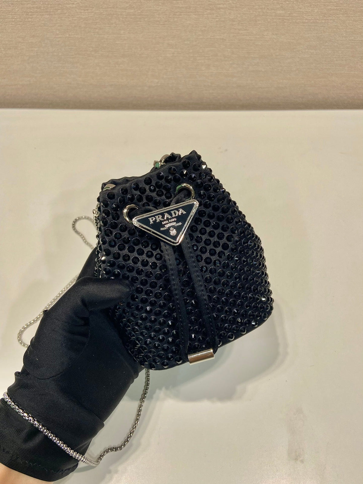 MINI BUCKET BAG 12 IN BLACK NYLON FABRIC EMBELLISHED FULL CRYSTALS
