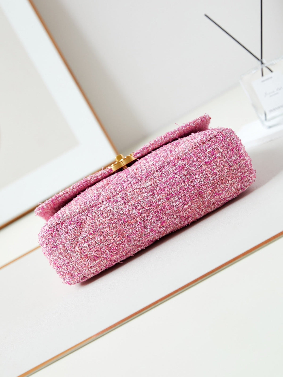 19 flap bag 26 pink tweed gold hardware