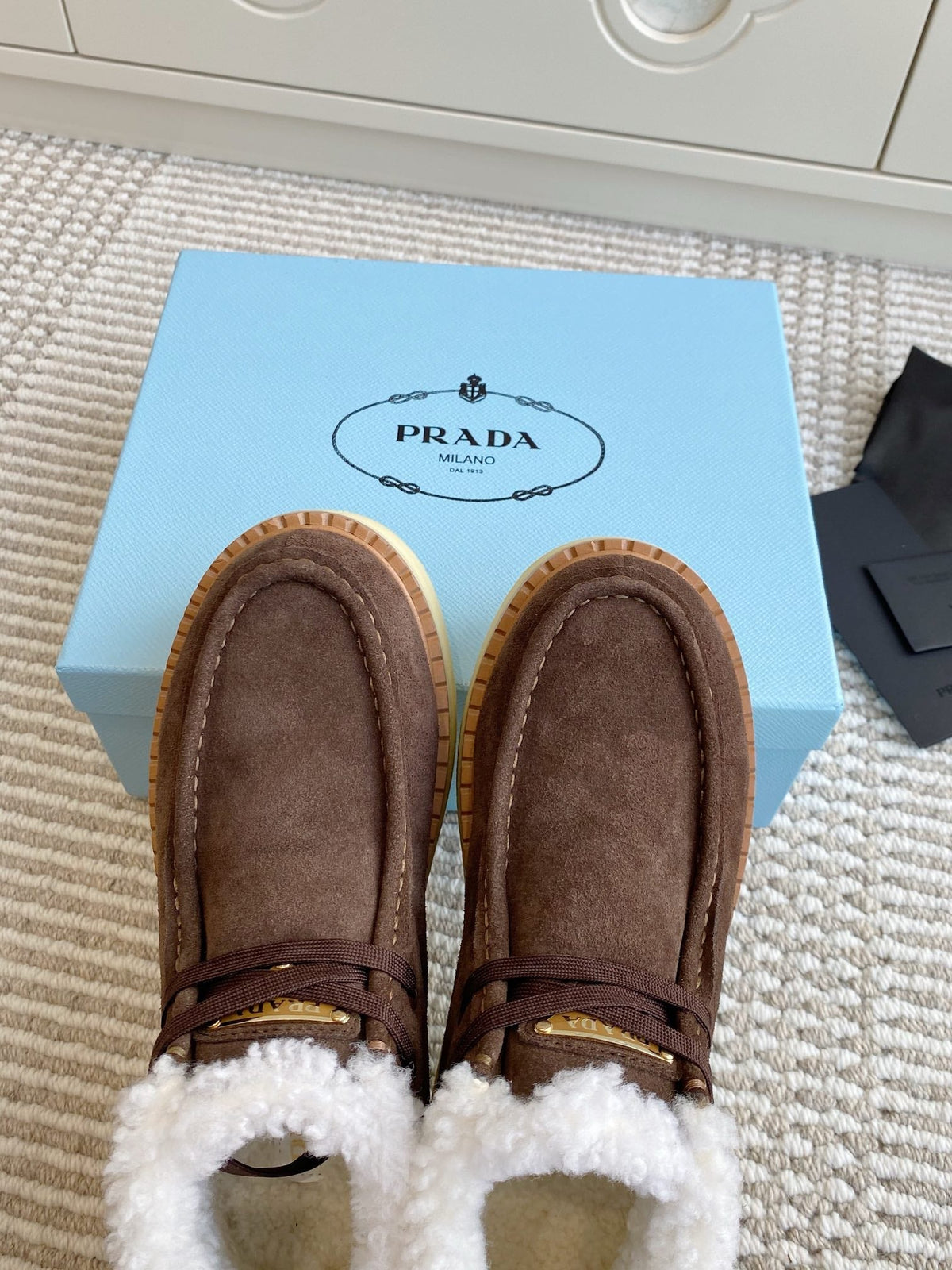 Prada Chukka Boots Coffee Brown Suede White Shearing 564159