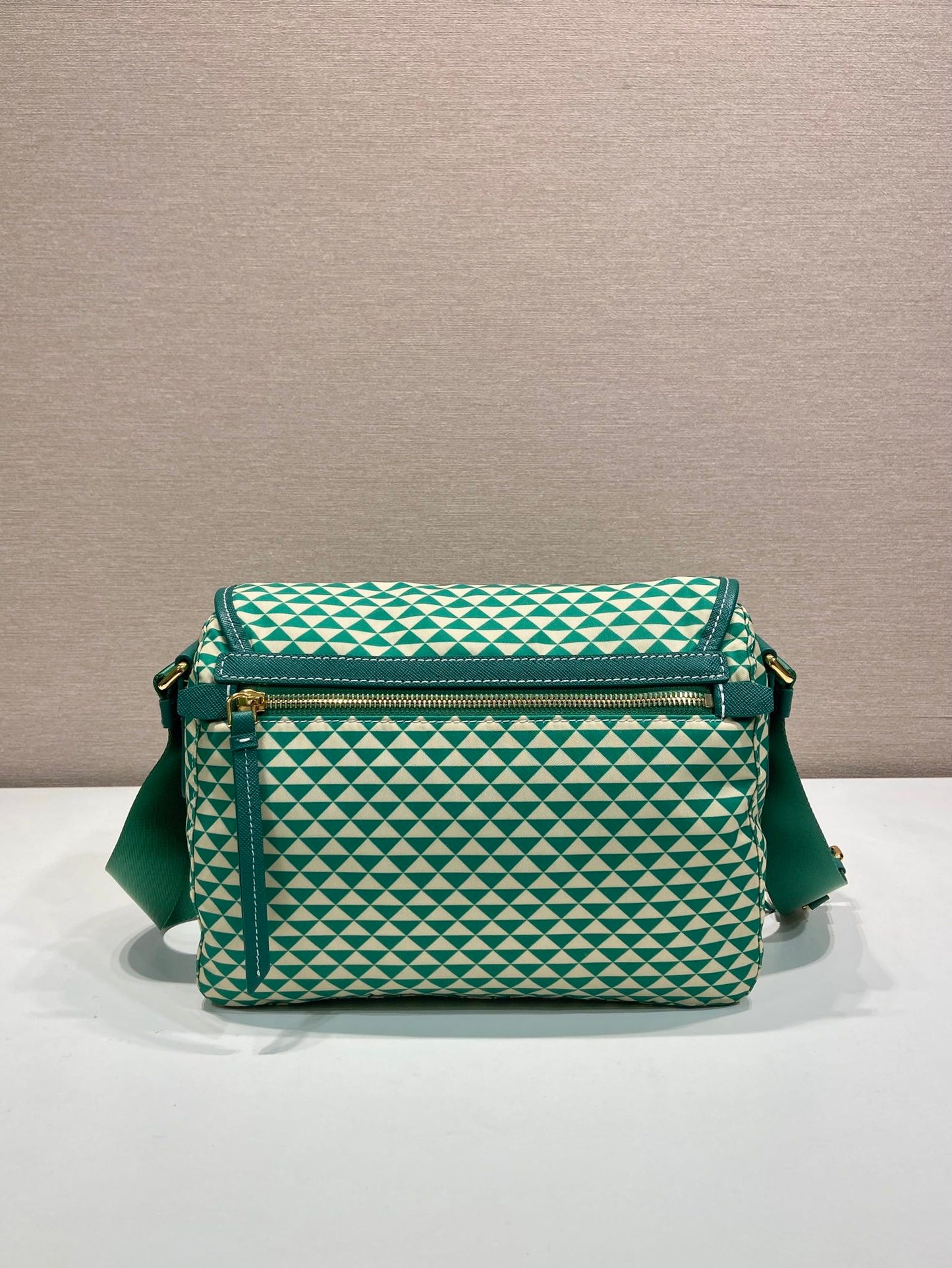 MESSENGER BAG 25 IN FOREST GREEN MIX CREAM TRIANGLE PATTERN EMBROIDERED FABRIC