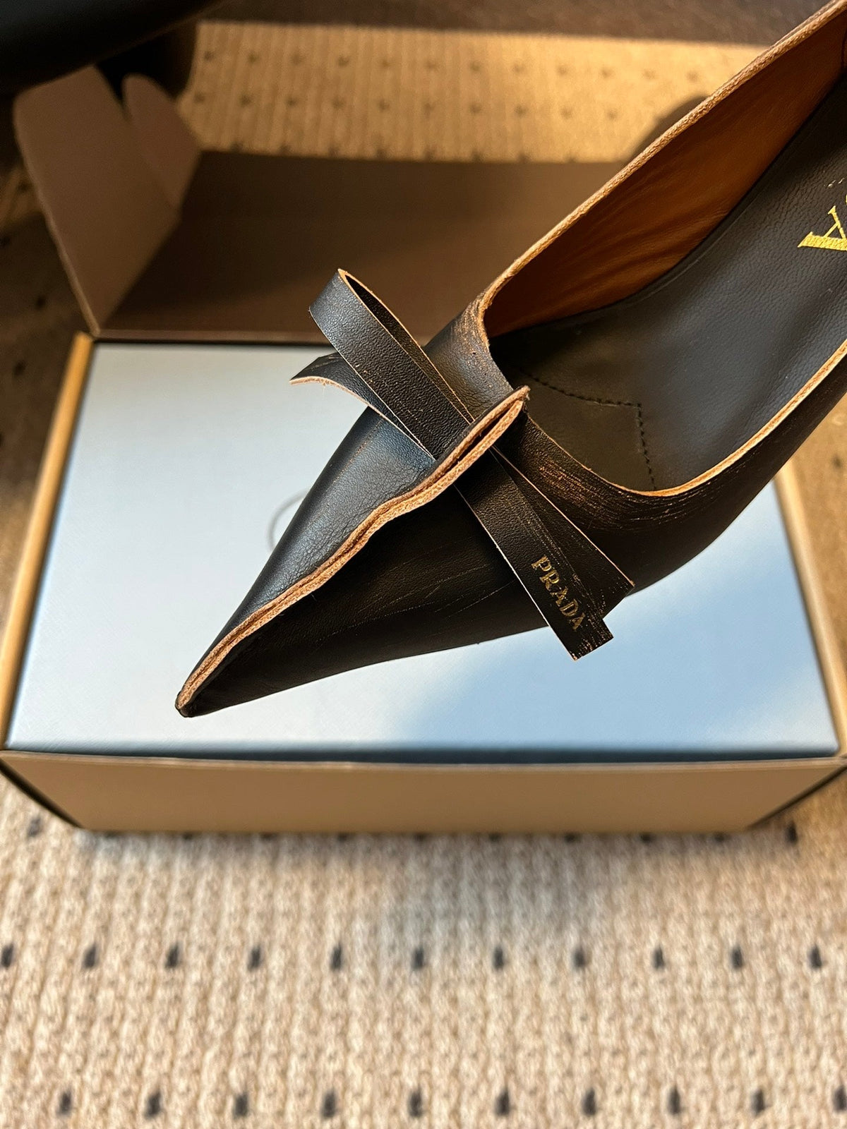 Prada Antiqued Pumps 55mm Black Tan Calfskin 606399