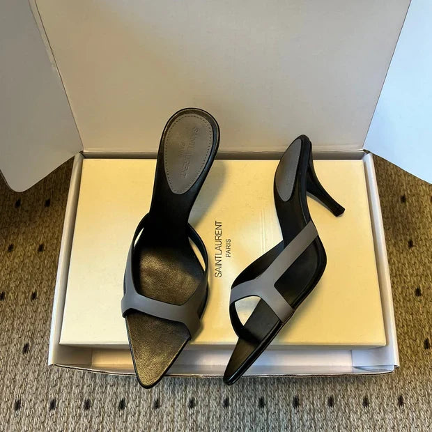 YSL 26ss High Heeled Mules 75 Black Gray Cowhide 651762