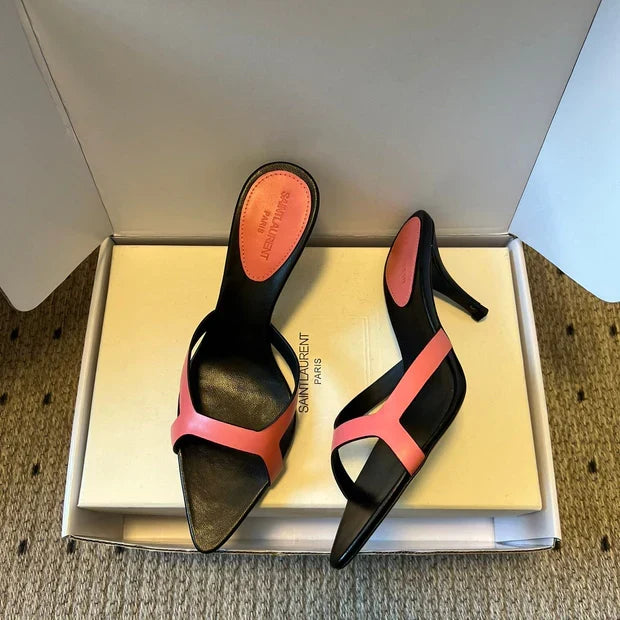 YSL 26ss High Heeled Mules 75 Black Pink Cowhide 651768