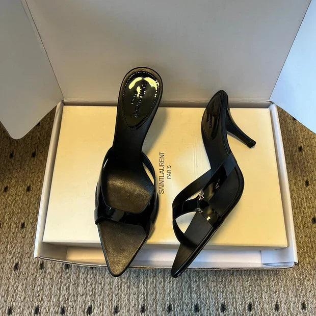 YSL 26ss High Heeled Mules 75 Black Patent Leather Cowhide 651767
