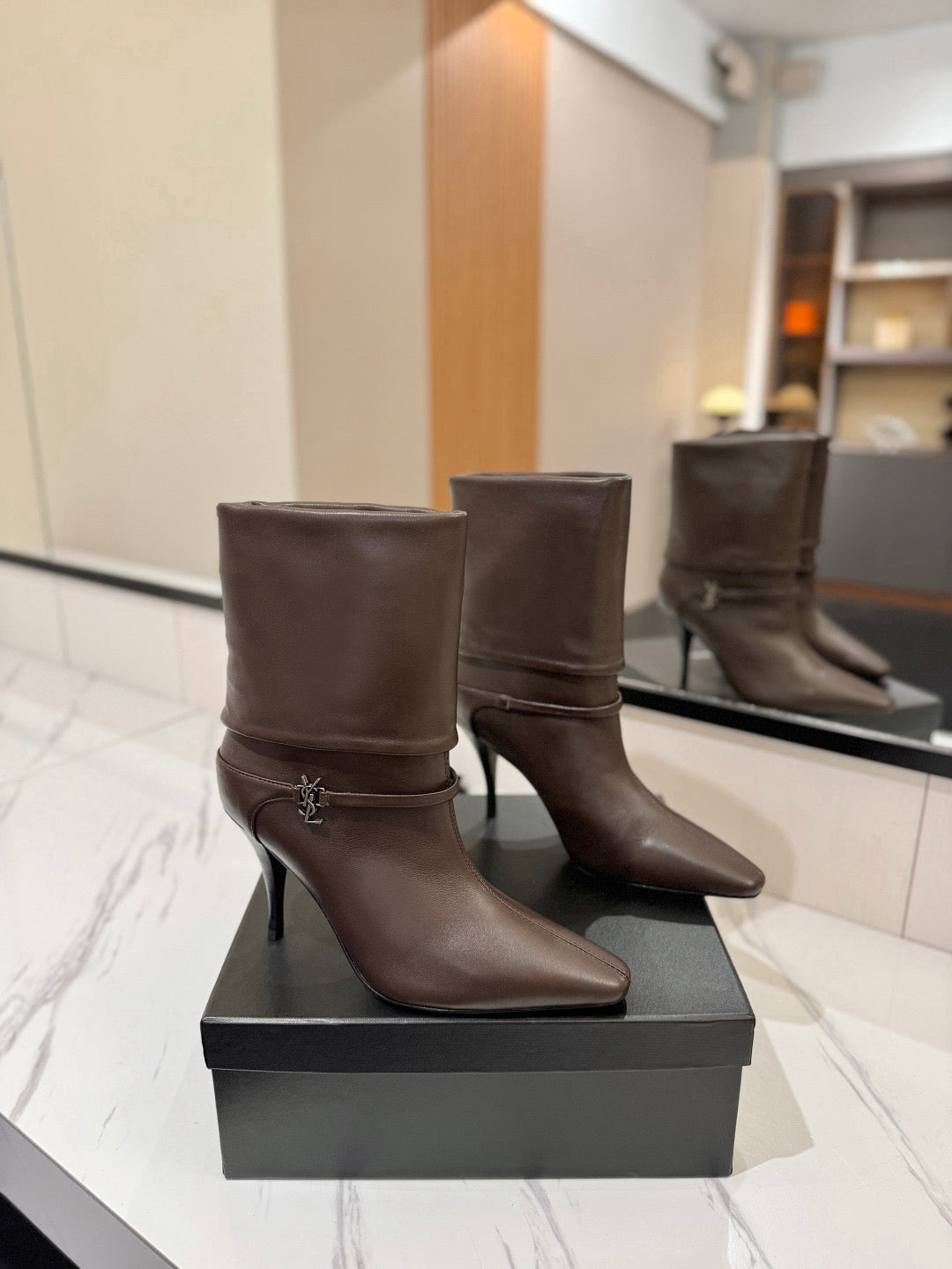 YSL Niki Ankle Boot 90mm Eagle Brown Leather