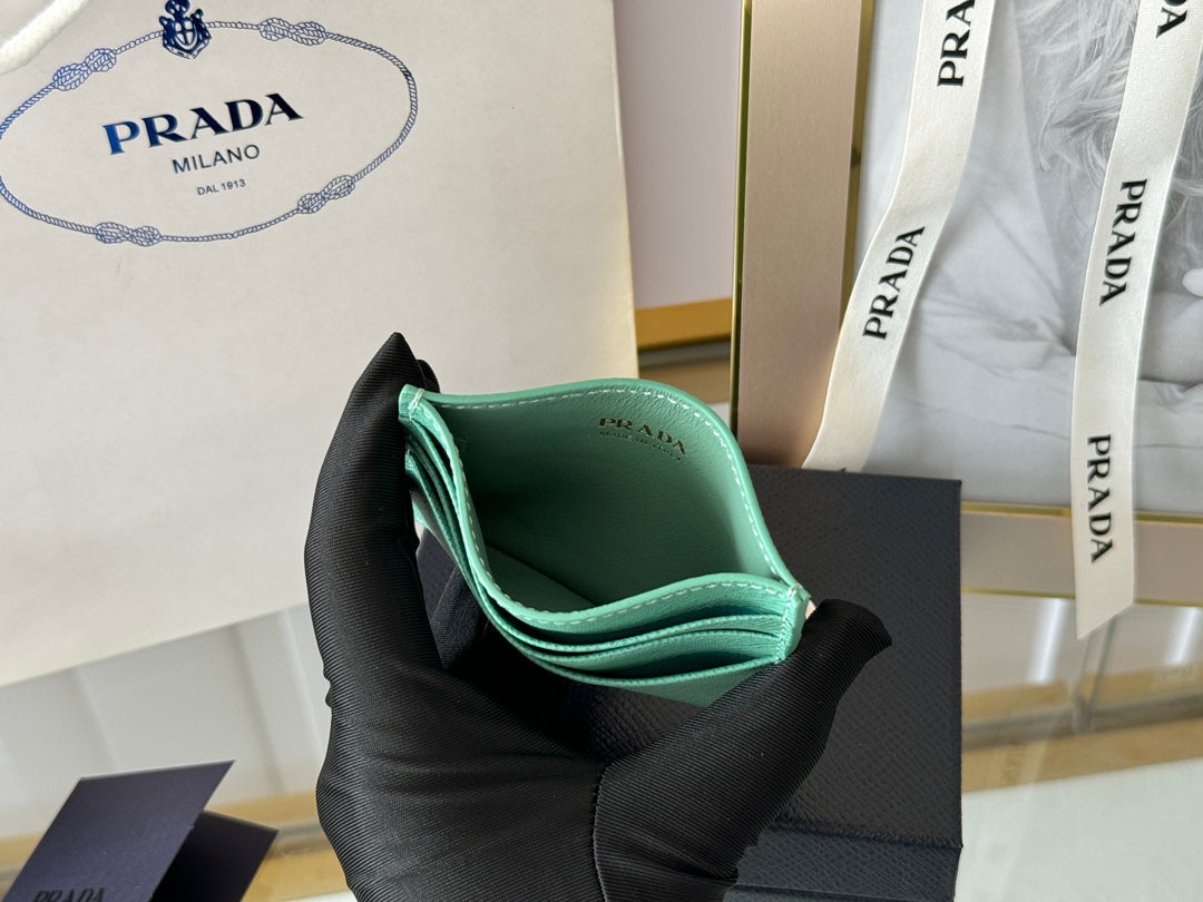 Pra Gold Logo-Stamp Card Holder Mint Saffiano Leather