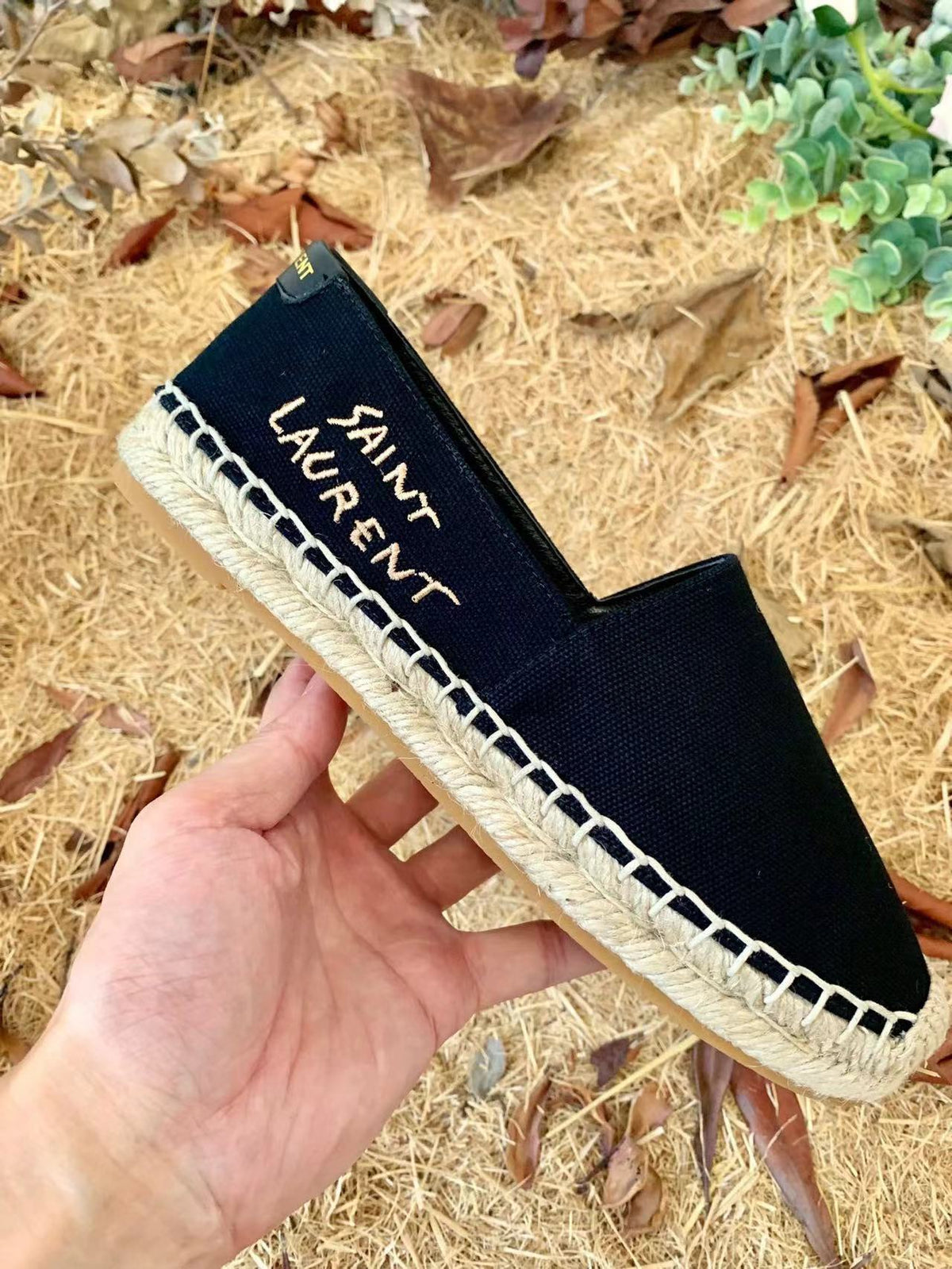 YSL Embroidered Espadrilles In Canvas Black