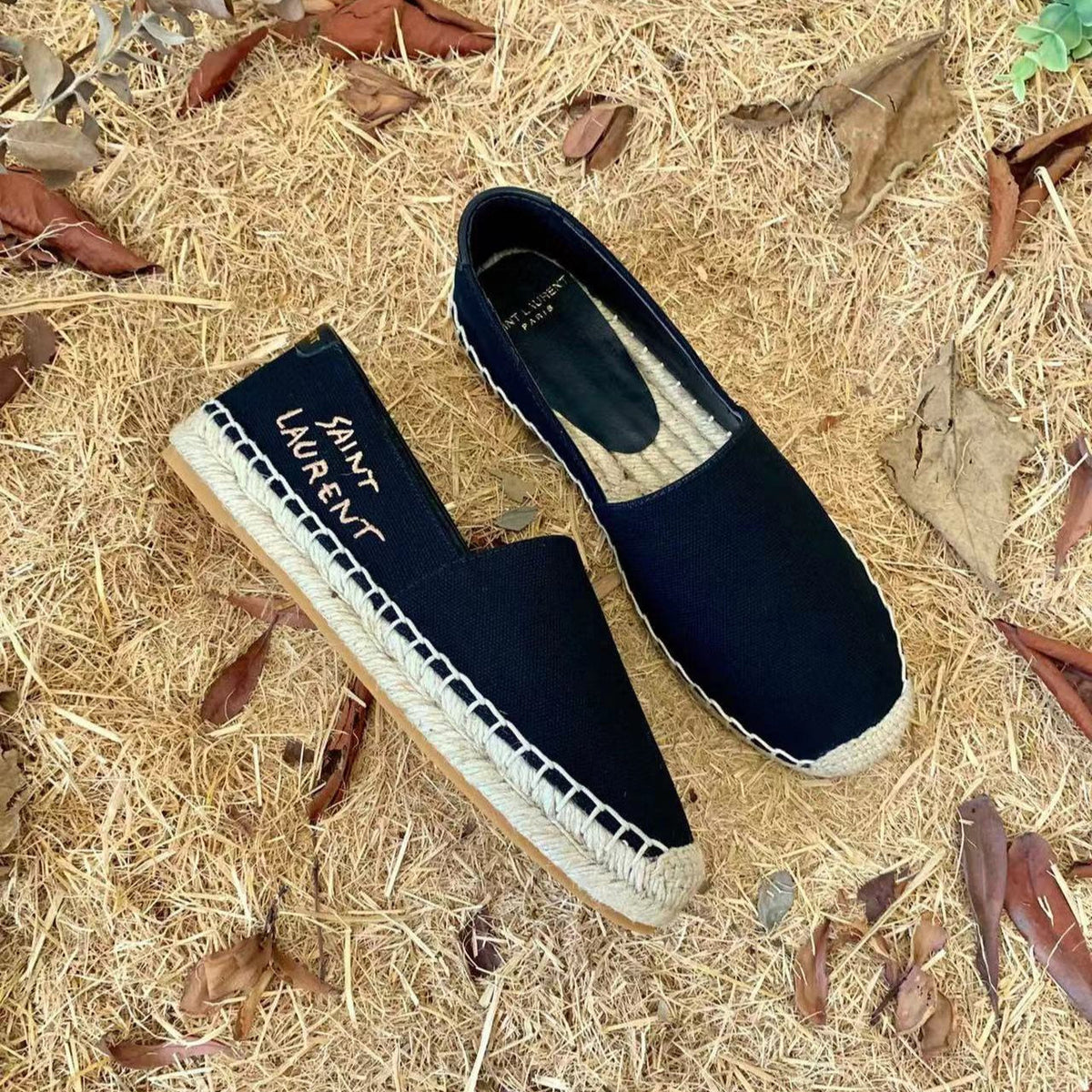 YSL Embroidered Espadrilles In Canvas Black