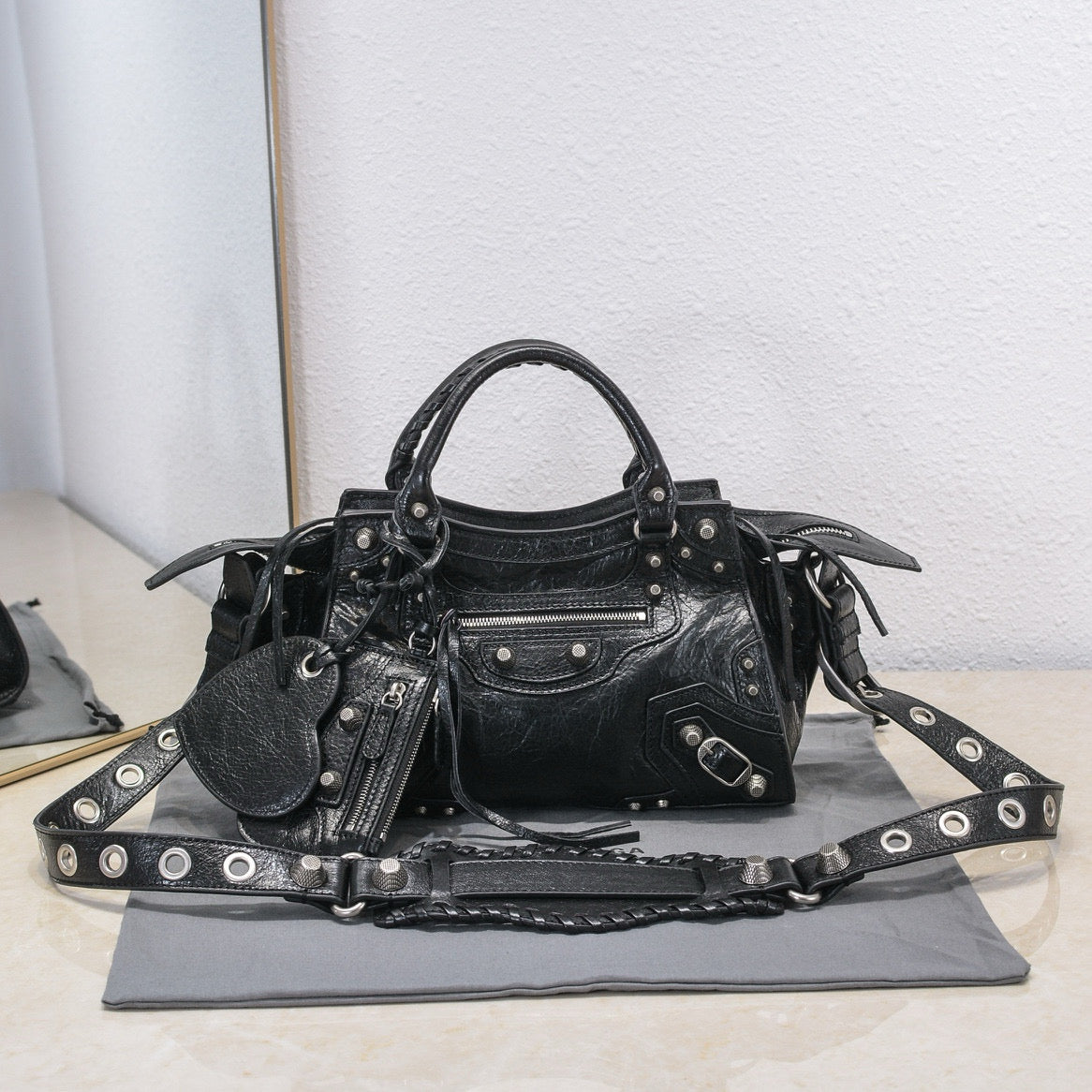 Balenciaga Neo 26cm Cagole City Handbag With Rhinestones Black Patent Calfskin