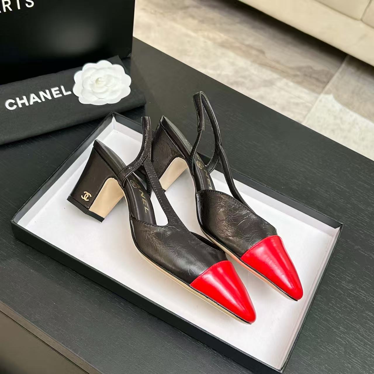 CC 26s Slingback 9cm Black Red Leather