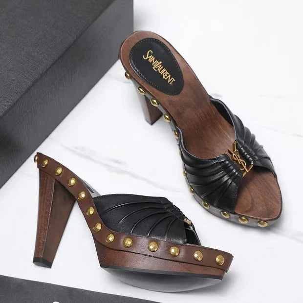 YSL 2026 Babylone Platform Sandal Brown Black Smooth Leather