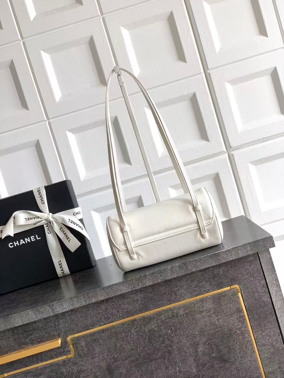 CC Preppy Coco Bowling Bag 20cm White Caviar Leather