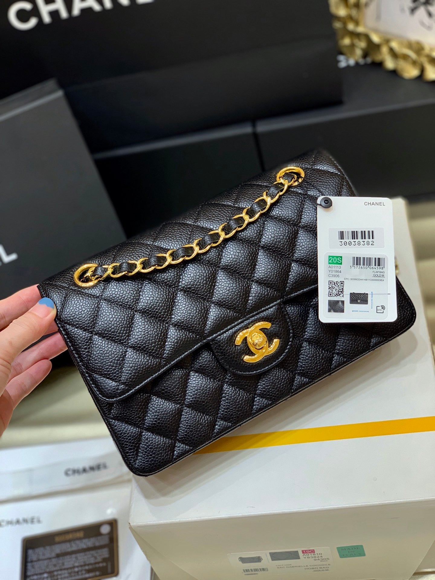 CC Mini Flap Bag 23cm Black Caviar Leather GHW