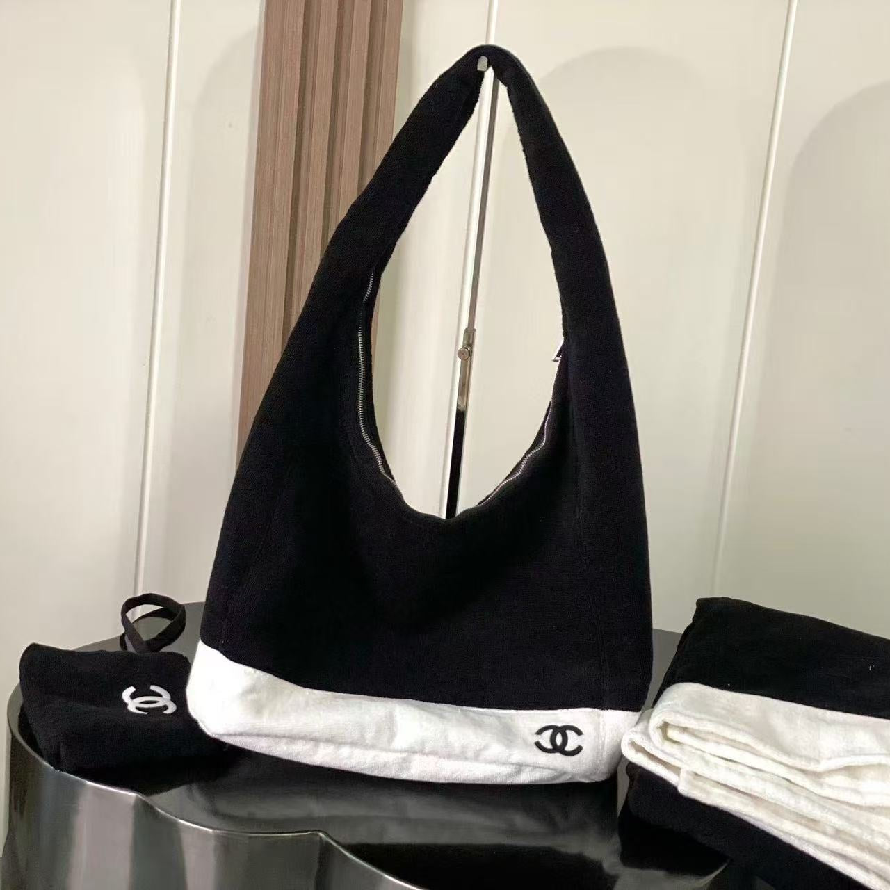CC 2026 Beach Large Bag Black White Cotton 02 (Bag+Small Bag+Towel)