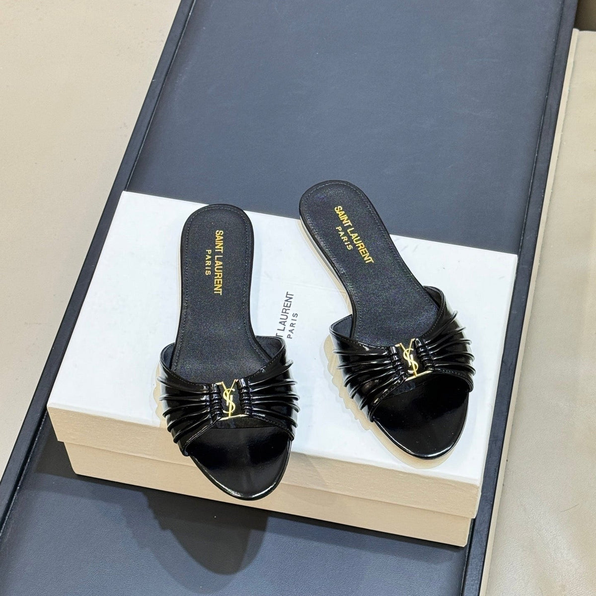 YSL Babylone Slides Black Glossy Leather