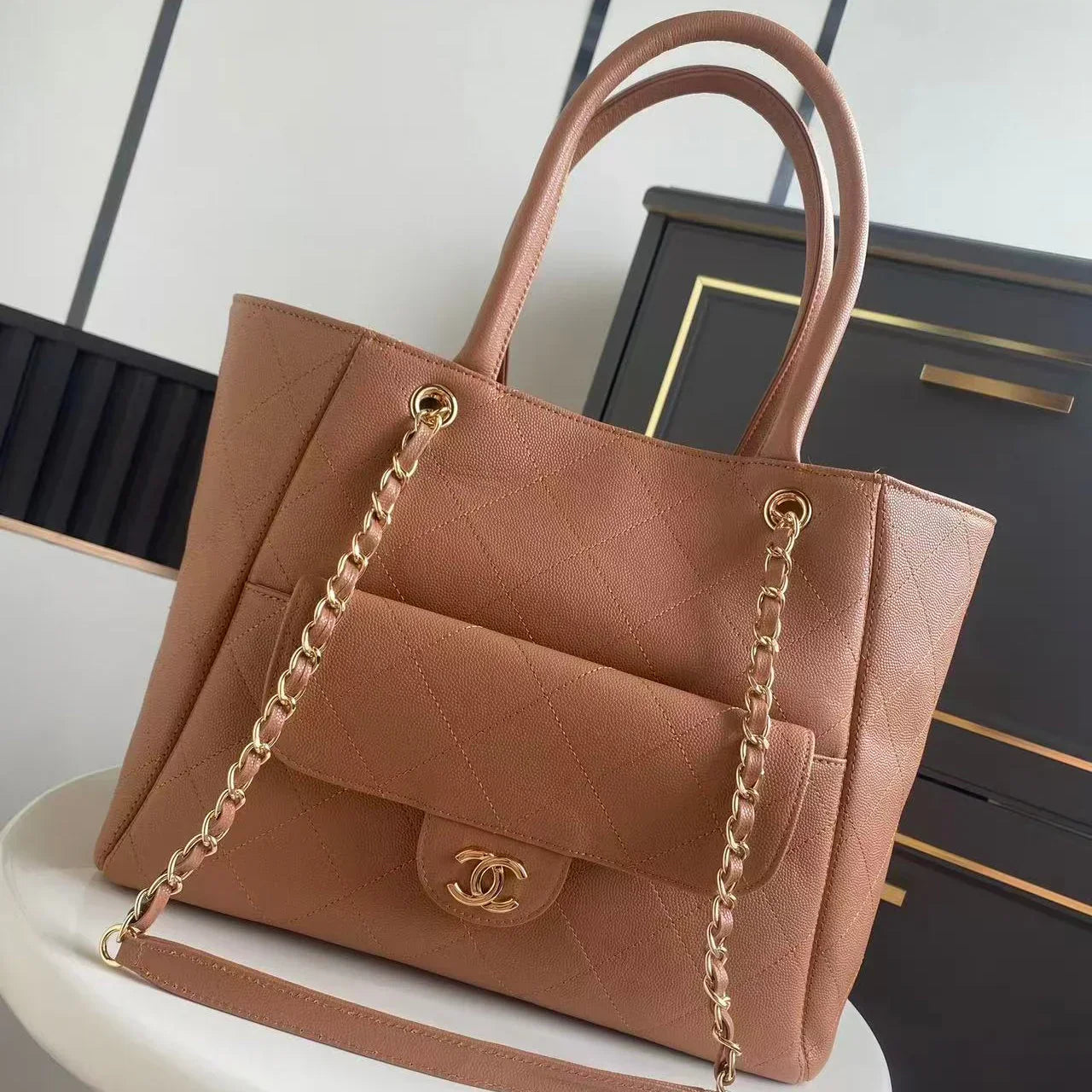 CC 2026 Shopping Bag 39cm Brown Grained Calfskin