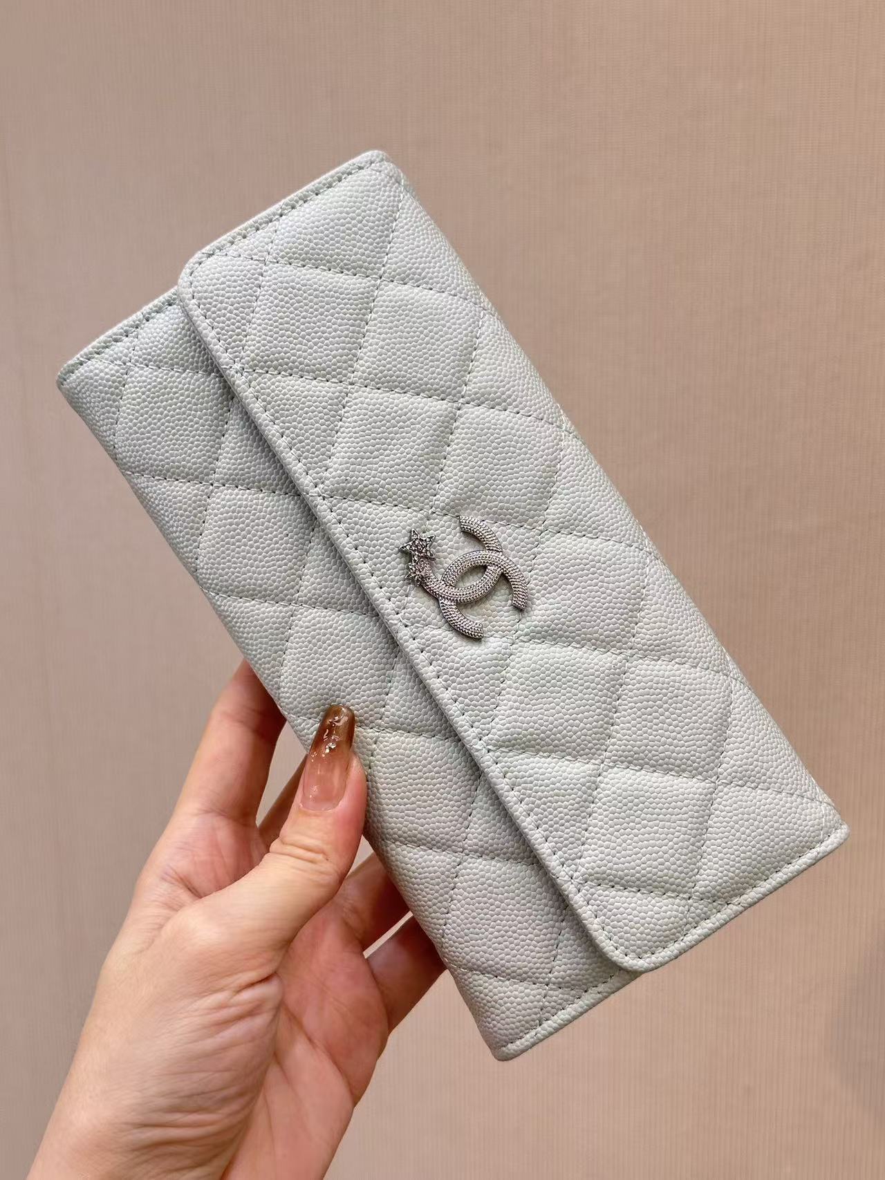CC Quilted Flap Wallet White Caviar