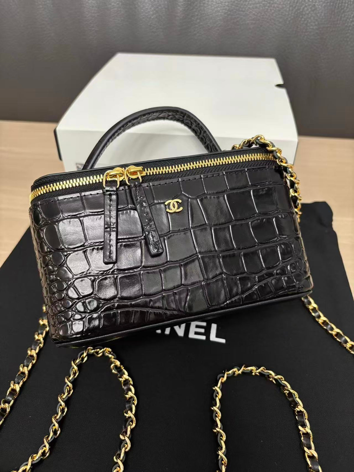 CC 26s Top Handle Vanity Case Black Calfskin Crocodile Embossed
