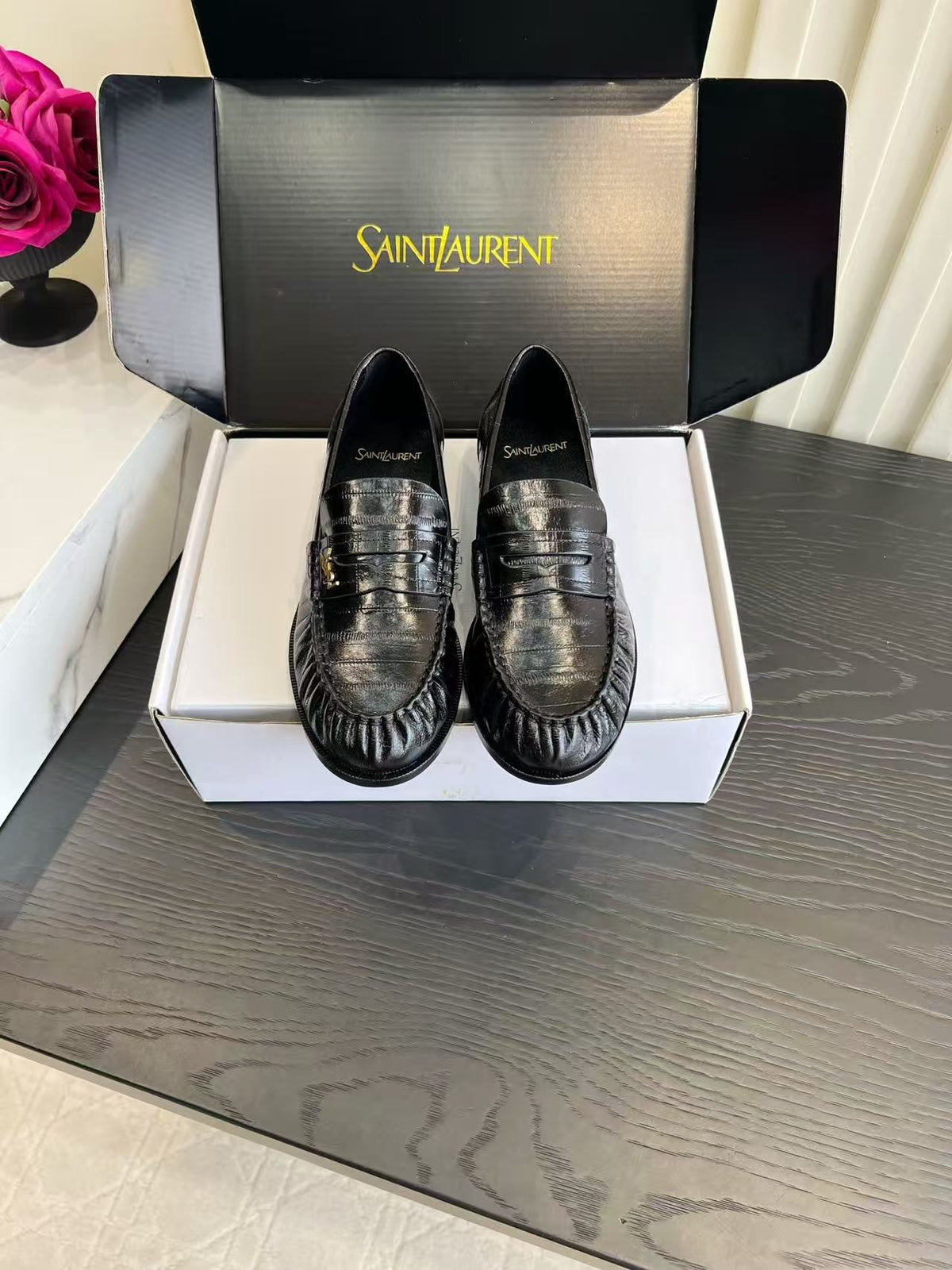 YSL-Plaque Ruched Loafers Black Croc Effect Leather
