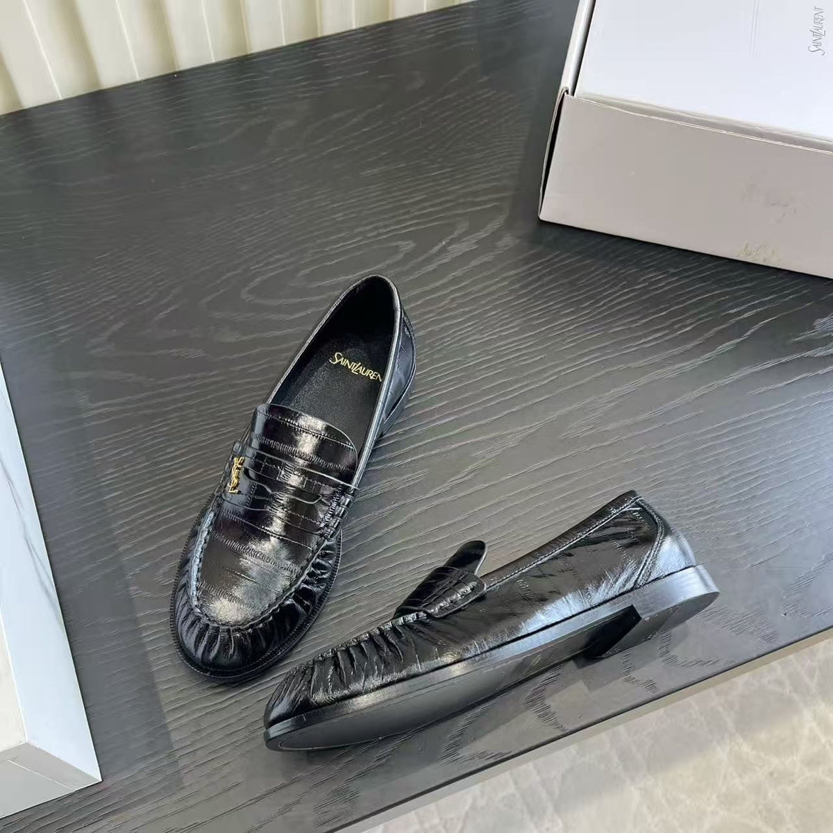 YSL-Plaque Ruched Loafers Black Croc Effect Leather