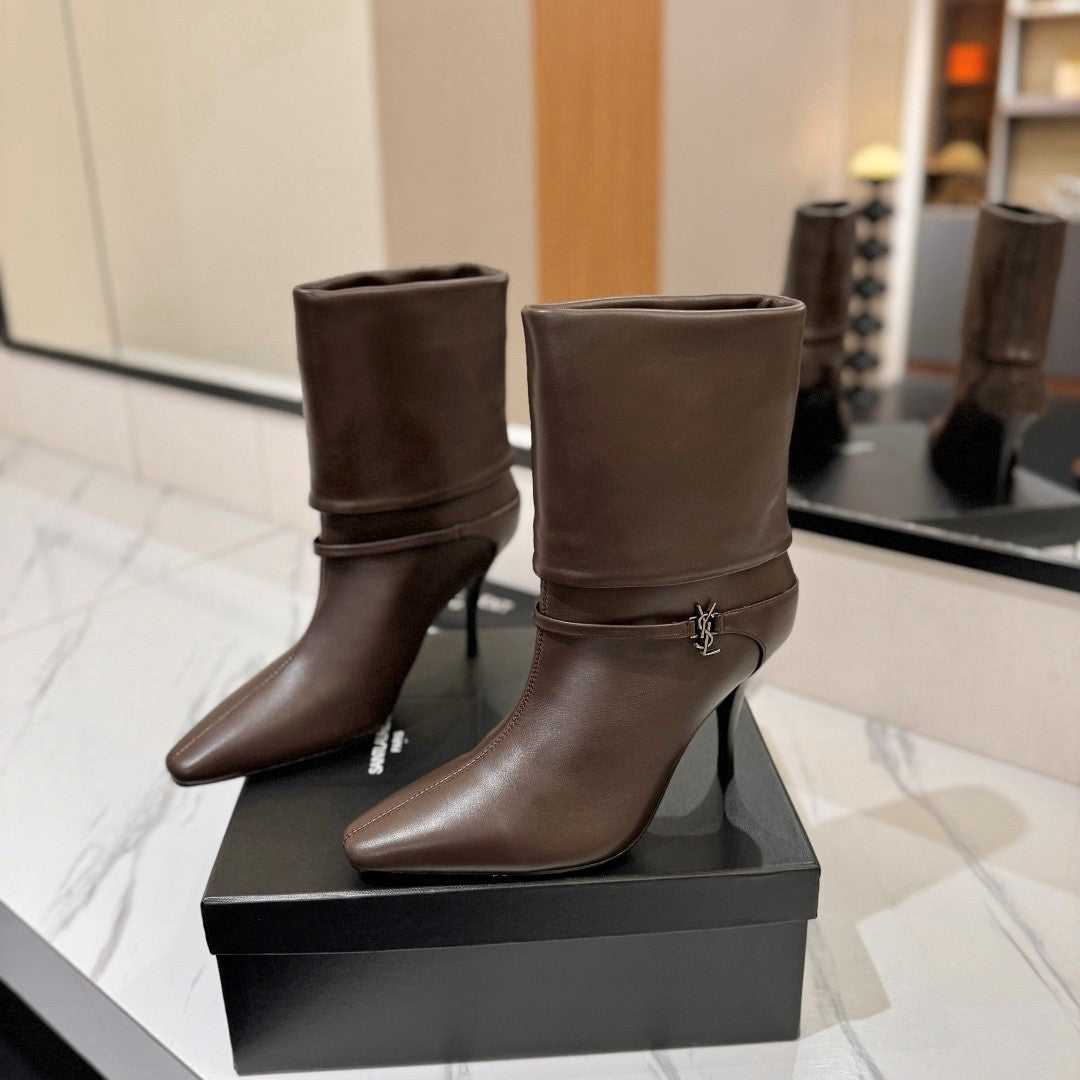 YSL Niki Ankle Boot 90mm Eagle Brown Leather