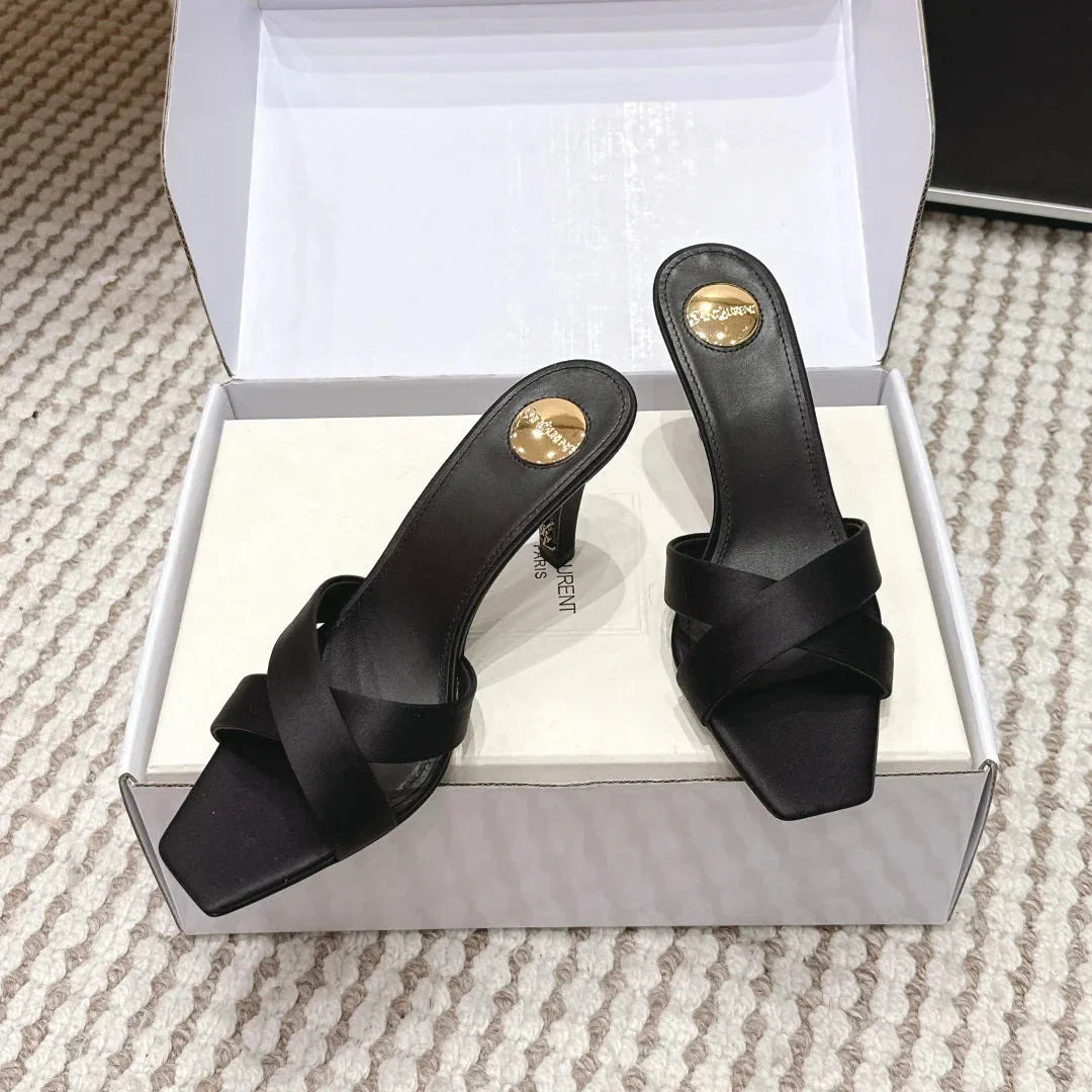 YSL 26ss High-Heeled Mules 75 Satin Leather