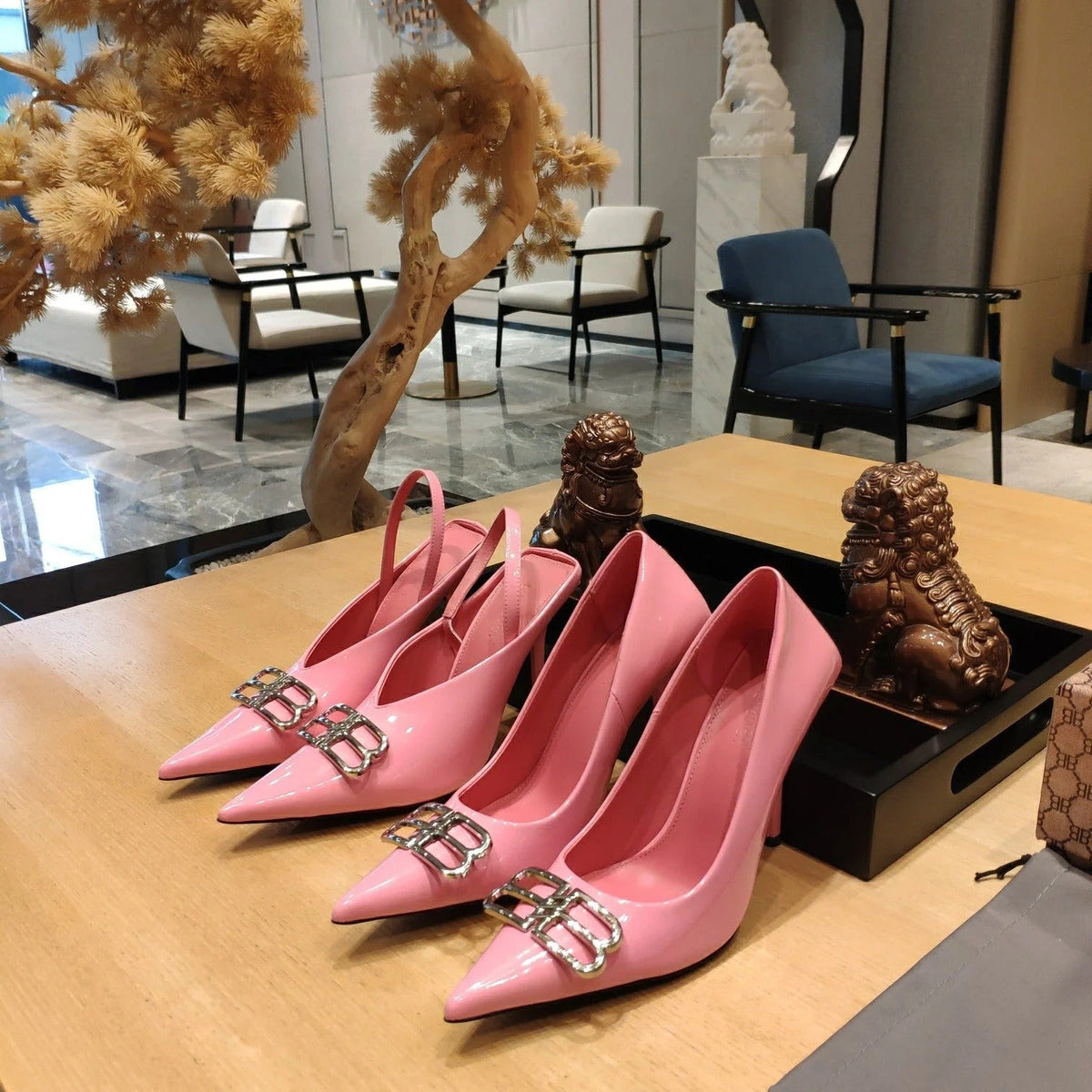 Balenciaga 26s High Heel 100 Pink Patent Leather Sliver Logo 681185