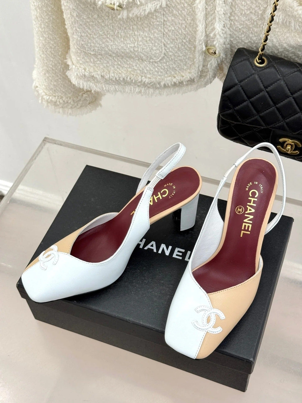 Chanel 26S Slingback 85mm Beige White in Cowhide 706355