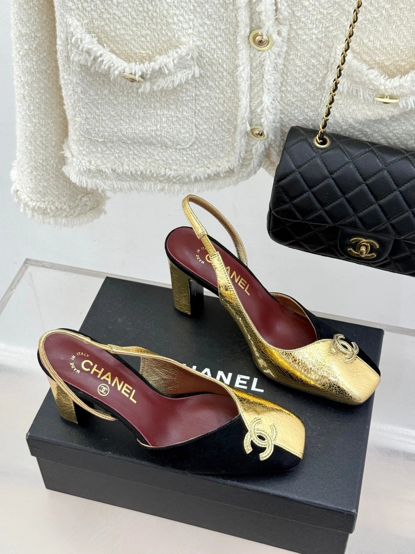 Chanel 26S Slingback 85mm Gold Black in Customized leather 706357