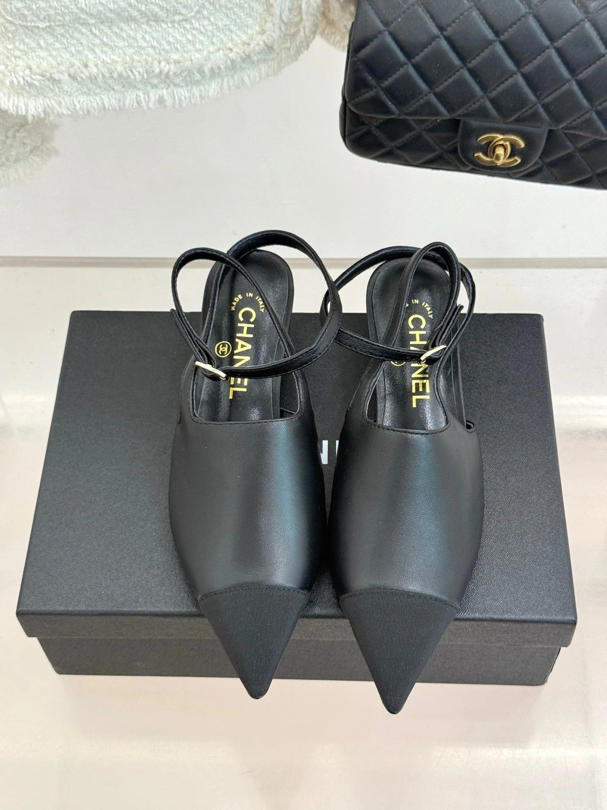 CC Pointed Toe Kitten Heel 30 Open Back Sandals Black in Cowhide 706382