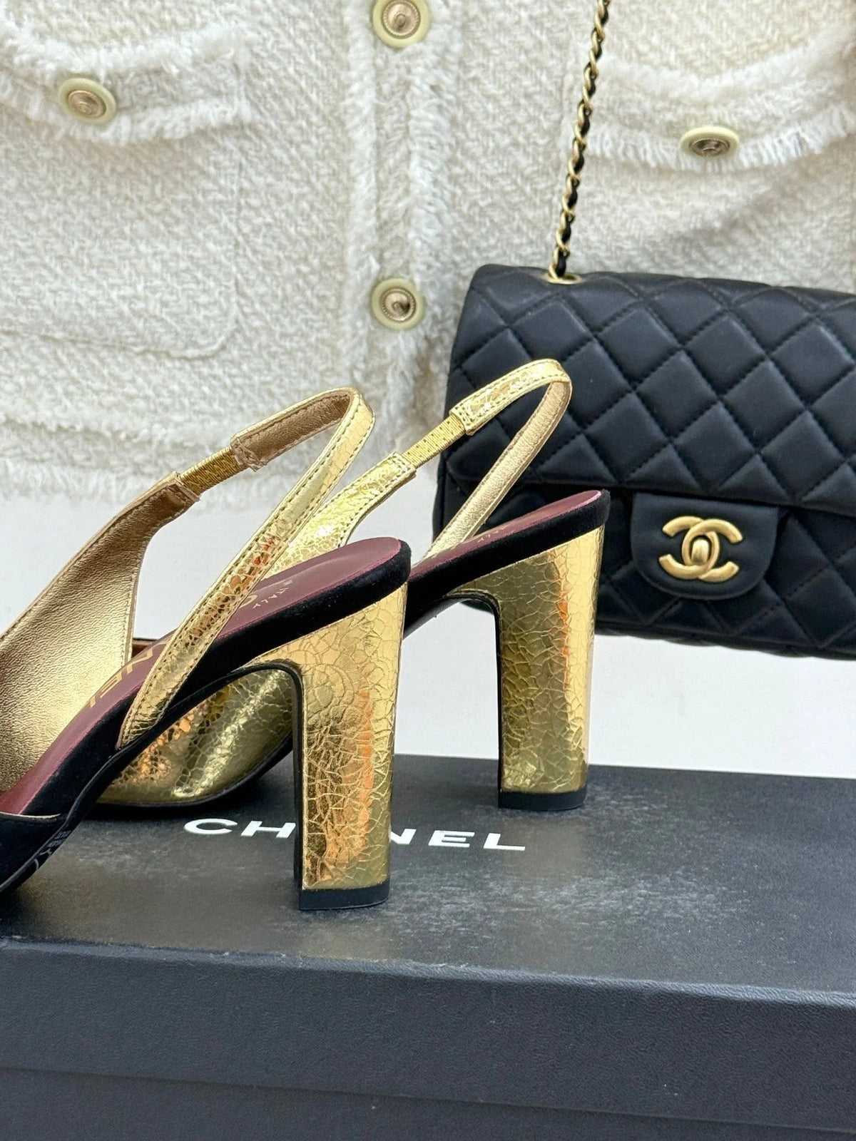 Chanel 26S Slingback 85mm Gold Black in Customized leather 706357