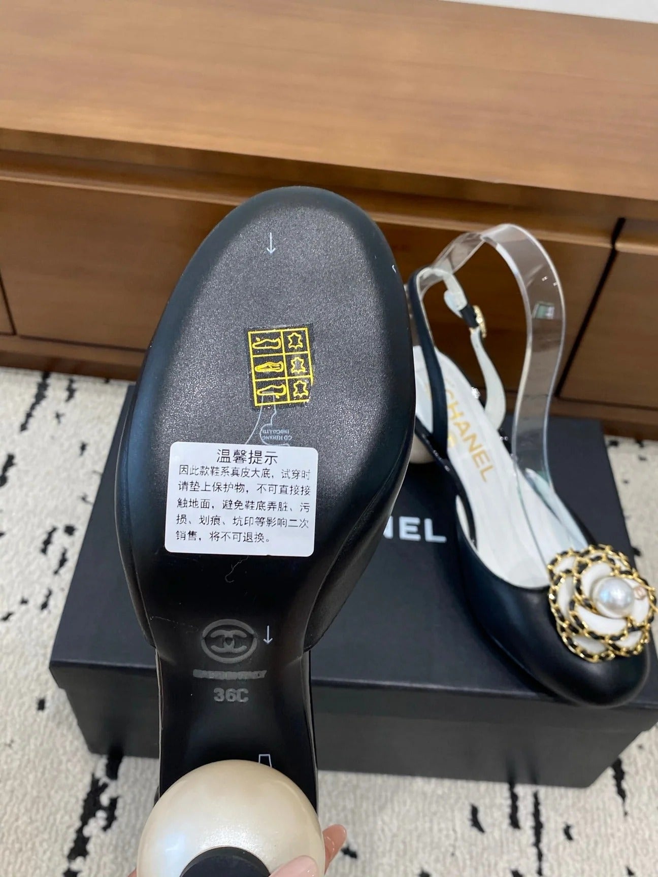Chanel 26 Round Toe Pearl Heel 50 Shoes Black in Cowhide 729340