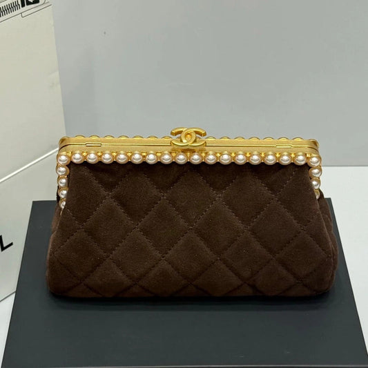 Chanel 2026 Pearl Clutch Brown Gold Velvet Leather