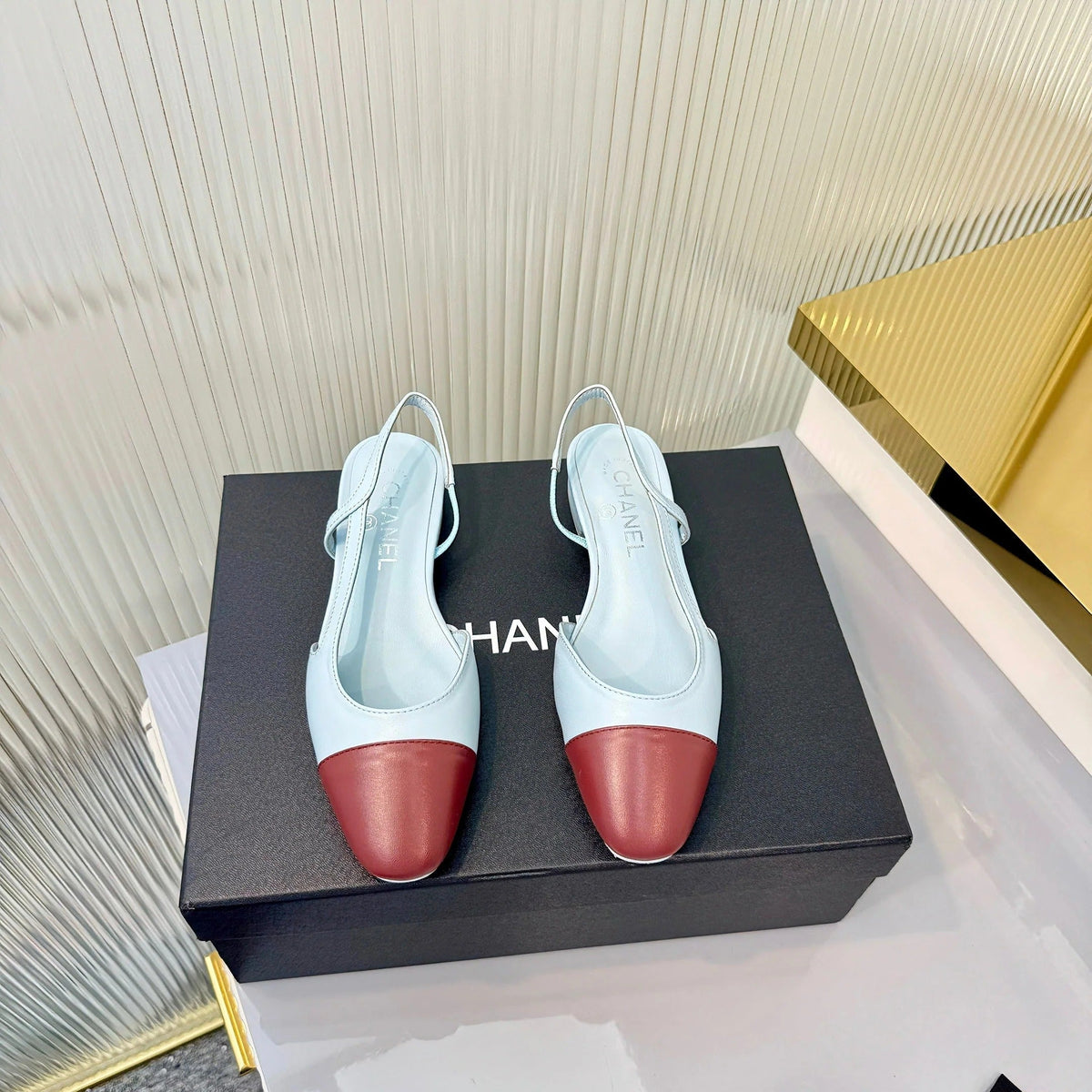CC 26 Slingback Flat Sky Blue Burgundy Lambskin 714026