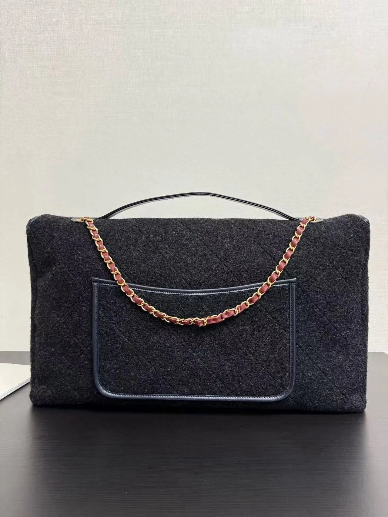 CC 2025 Maxi Flap Bag With Top Handle 56cm Black Wool Leather