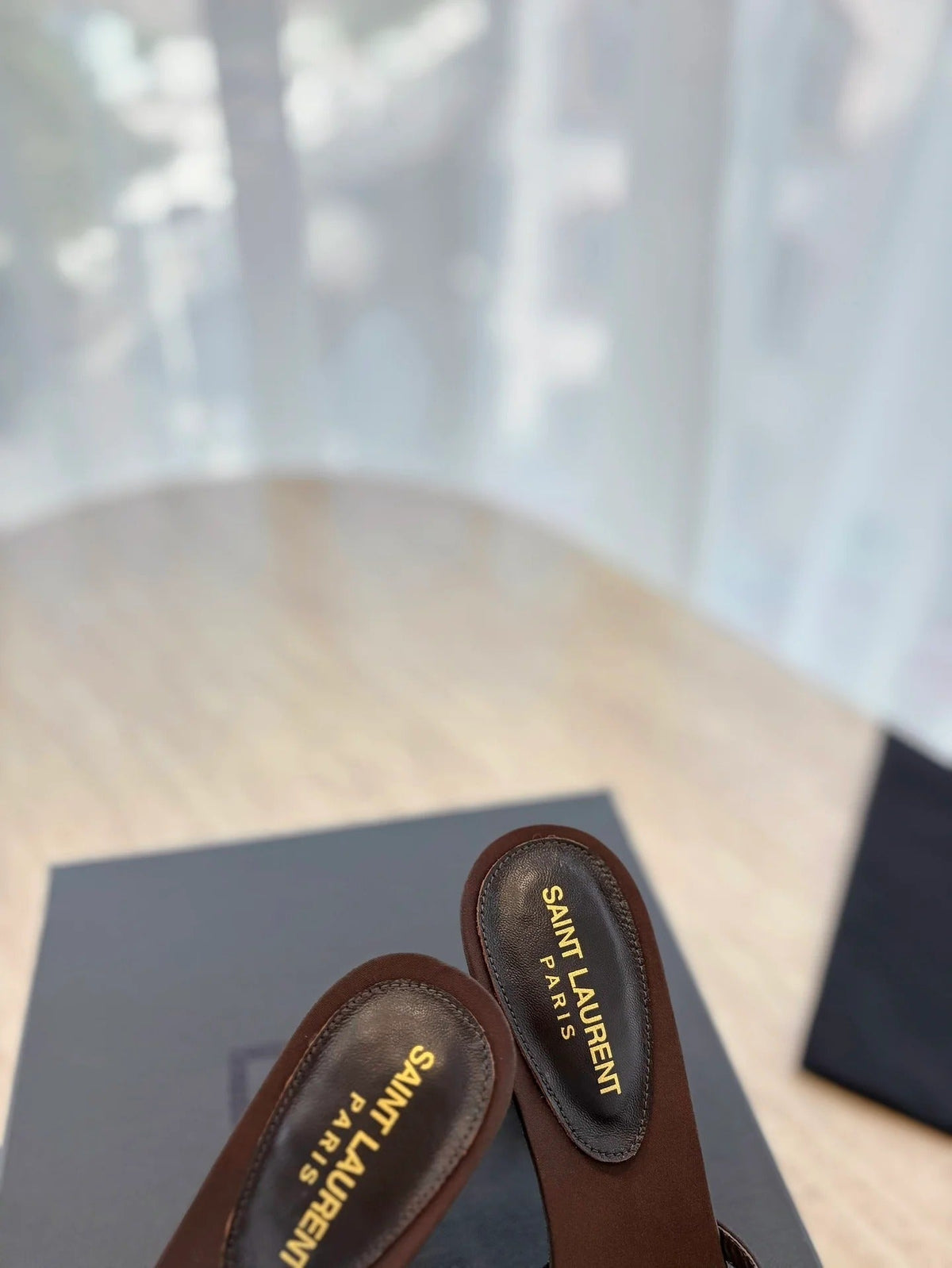 Saint Laurent 2025 Liz 110mm Sandal Brown Satin With Crystal Embellishments