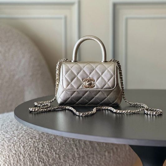 CC 26s Mini Flap Bag 14.5cm with Top Handle Sliver Caviar Leather