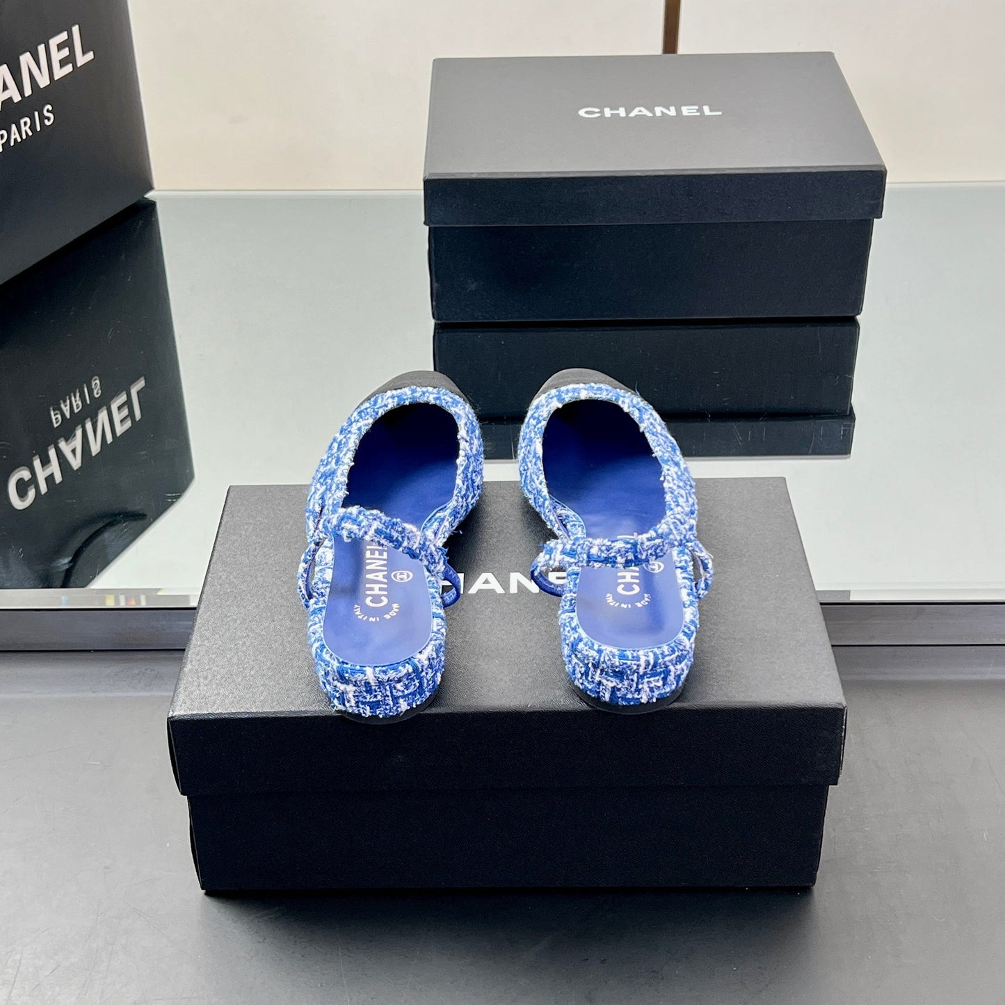 CC Slingback 2.5cm Cobalt Blue Black Tweed Fabric