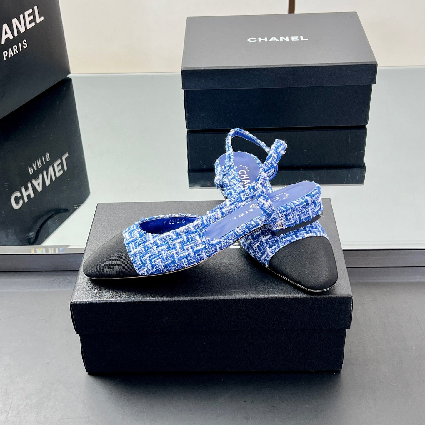 CC Slingback 2.5cm Cobalt Blue Black Tweed Fabric