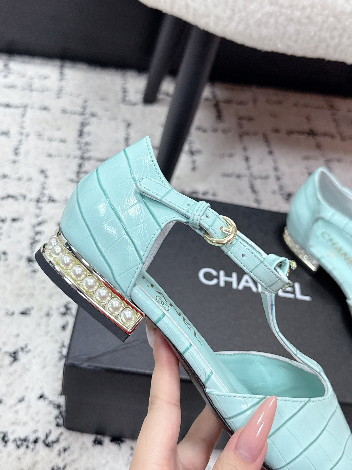 CC SS26 Mary Jane T Strap Black Blue Crocodile Embossed Patent Calfskin 679020