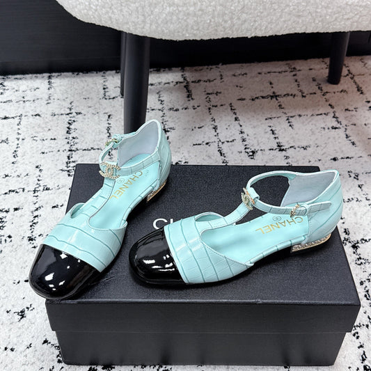 CC SS26 Mary Jane T Strap Black Blue Crocodile Embossed Patent Calfskin 679020