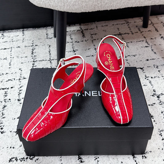 CC SS26 Slingbacks 9.5cm Red White Crocodile Embossed Patent Calfskin 679035