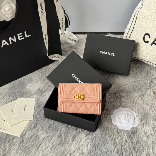 CC Boy Flap Card Holder Light Pink Gold-tone Grained Calfskin 242856
