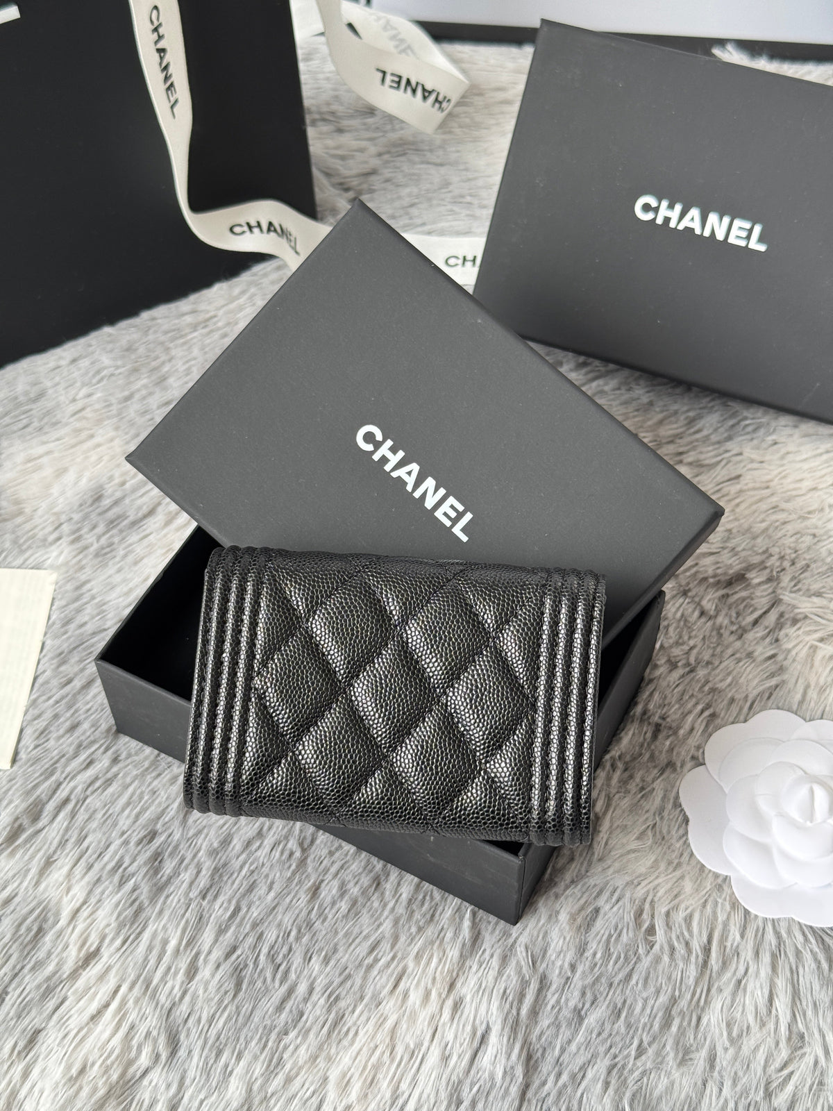 CC Boy Flap Card Holder Black Sliver-tone Grained Calfskin 242888