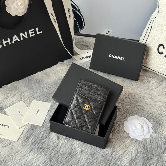 CC Carld Holder Black Gold-tone Metal Grain Calfskin 242682