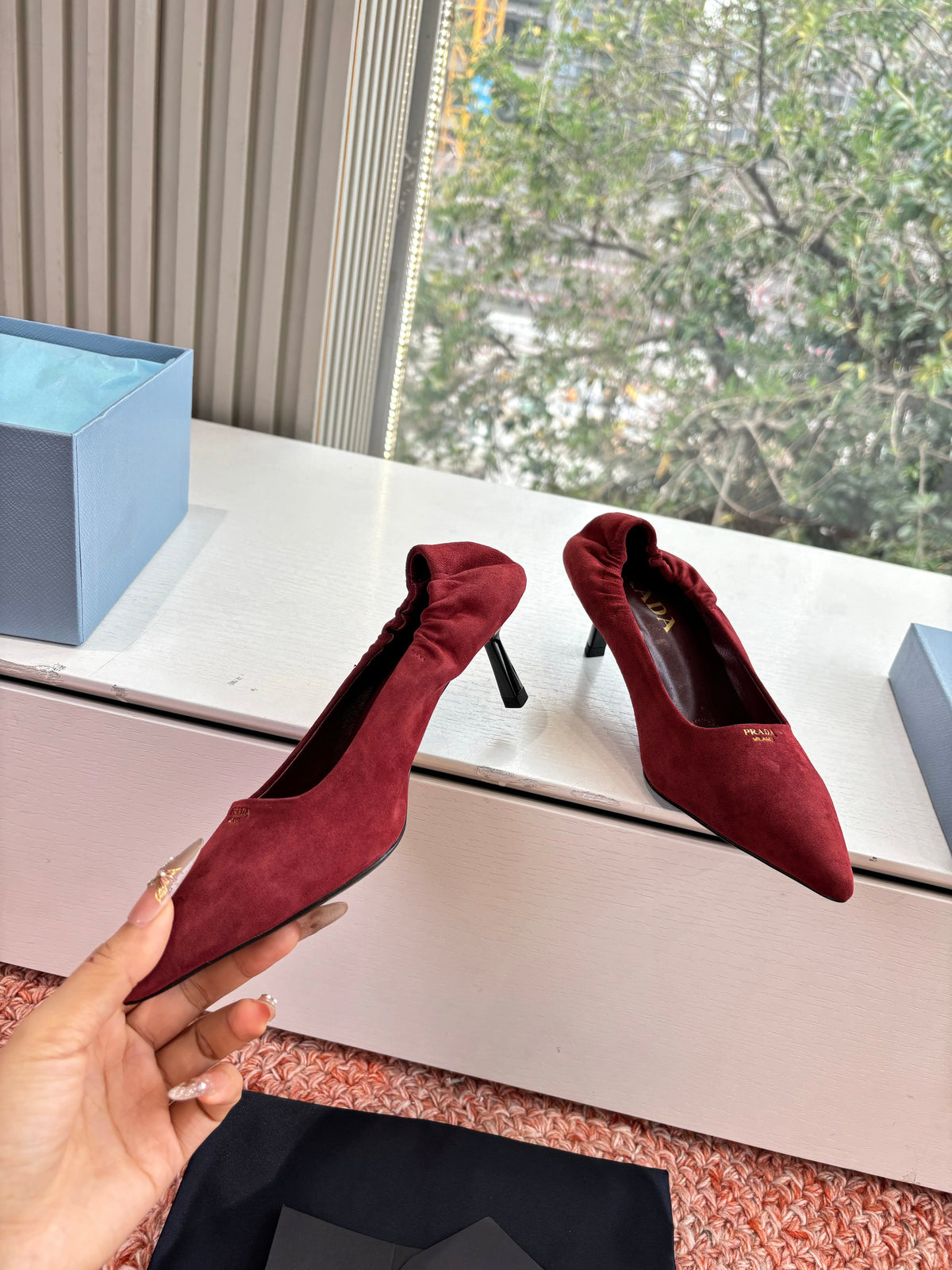Prada Pointed-Toe Pumps Red Suede 604174