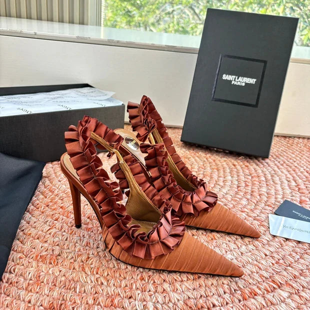 YSL 26ss Slingback Camel Brown Silk Leather 648841